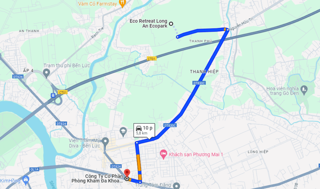 Quãng đường từ Ecopark Long An đến Phòng khám Đa khoa Phúc Tâm Sài Gòn