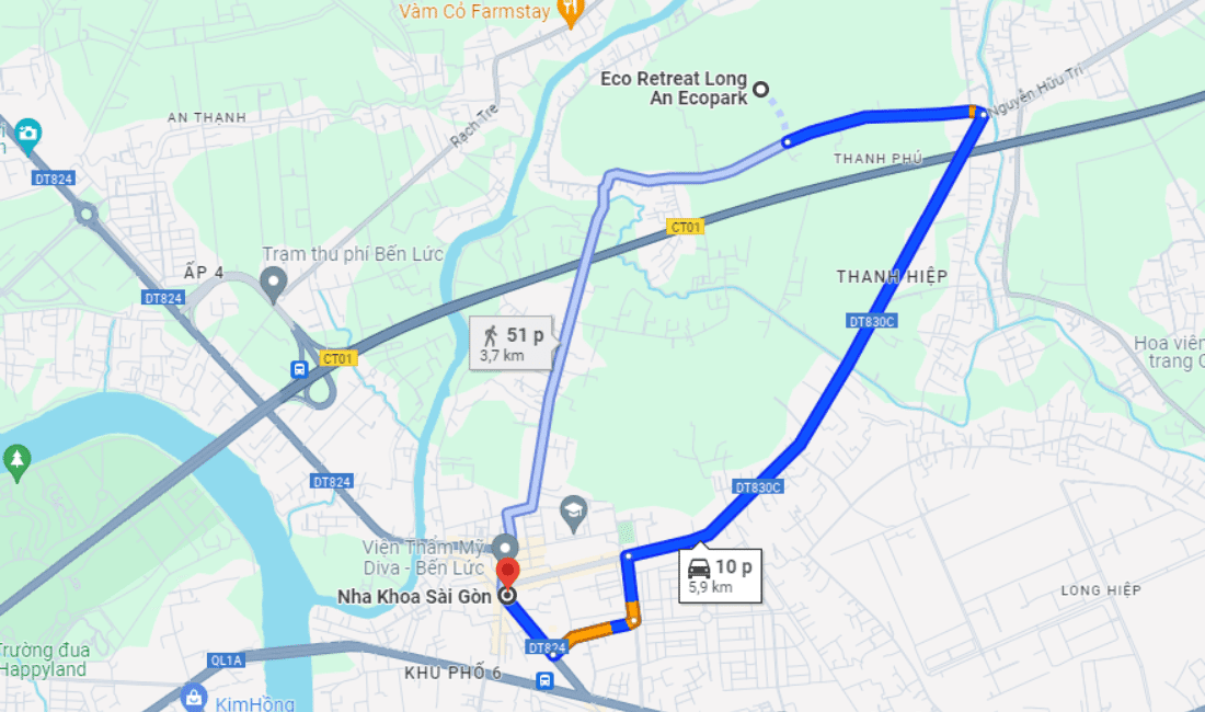 Quãng đường đến Nha Khoa Sài Gòn Thiện Tâm từ Ecopark Long An